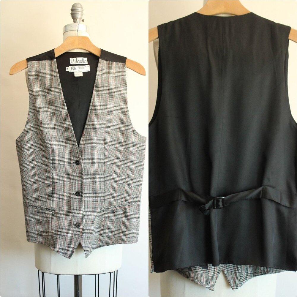 Vintage 1980s Unisex Vest, Rafaella Black White and Red Plaid Wool, Size Medium